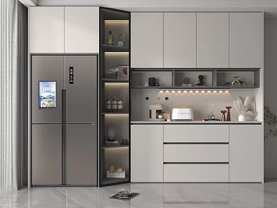 Modern Wine Cabinet In Contemporary Kitchen With Glass Door LED Lighting And Storage 3d model