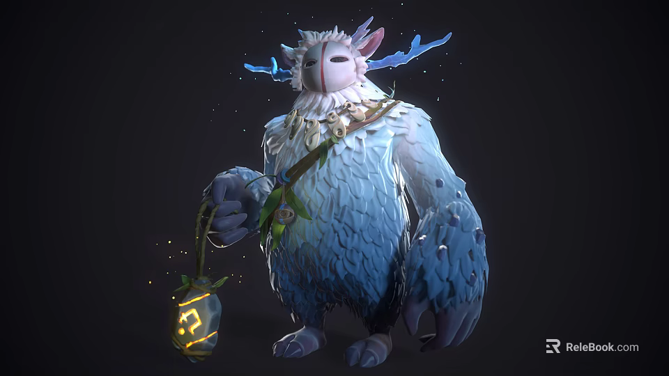 Fantasy Mythical Creature With White And Blue Fur Antlers Holding Glowing Lantern And Green Decorations 3d model 