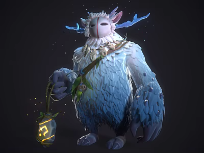 Fantasy Mythical Creature With White And Blue Fur Antlers Holding Glowing Lantern And Green Decorations 3d model