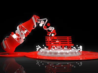Red Robotic Arm Placing White Small Balls On Red Bench With Circular Base 3d model