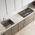 Modern Built in Stainless Steel Oven With Control Panel In Wooden Kitchen Cabinets