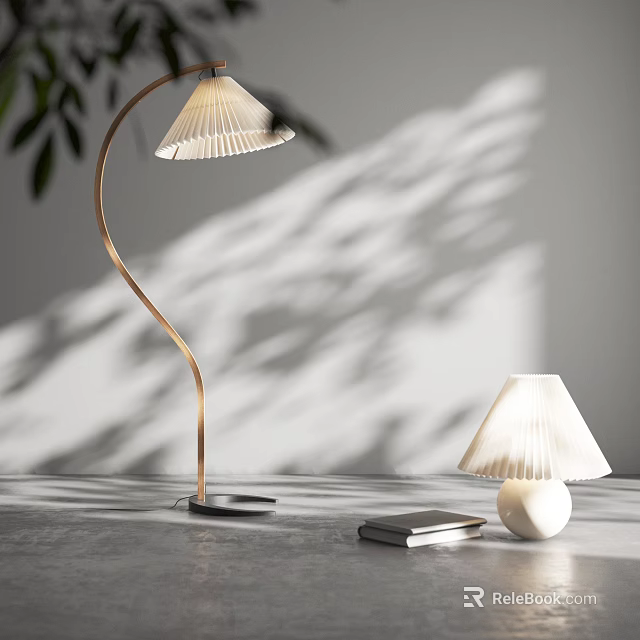 Elegant Lighting Combination with Golden Curved Floor Lamp and White Table Lamp Pleated Shades 3d model 