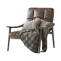 Comfortable Brown Leather Leisure Chair With Soft Pillows And Plaid Blanket