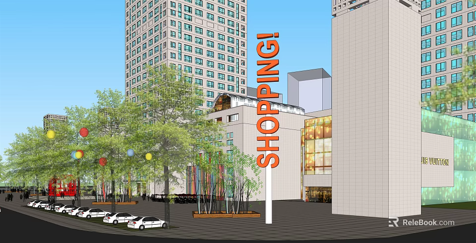 Modern Commercial Complex with Shopping Center Green Plaza Trees and Tall Buildings 3d model 