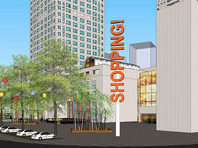 Modern Commercial Complex with Shopping Center Green Plaza Trees and Tall Buildings 3d model