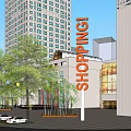 Modern Commercial Complex with Shopping Center Green Plaza Trees and Tall Buildings