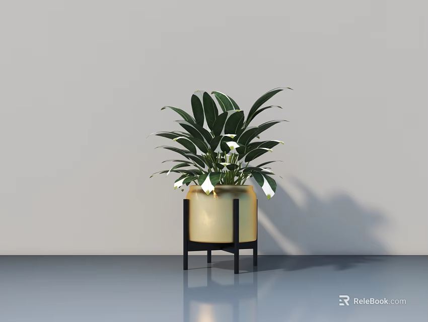 Bonsai Potted Plant with Green Leaves and White Flowers in Golden Pot on Black Stand 3d model 
