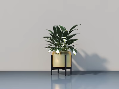 Bonsai Potted Plant with Green Leaves and White Flowers in Golden Pot on Black Stand 3d model