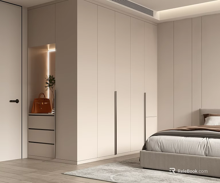 Sleek Modern Built-in Wardrobe in Minimalist Bedroom With Bed and Lighting 3d model 