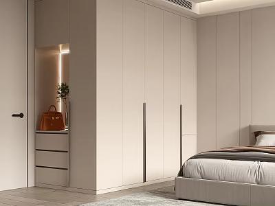 Sleek Modern Built-in Wardrobe in Minimalist Bedroom With Bed and Lighting 3d model