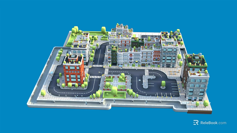 Cartoon City Scene with Colorful Buildings Streets Trees and Parking Lot 3d model 
