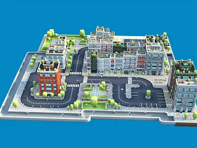 Cartoon City Scene with Colorful Buildings Streets Trees and Parking Lot 3d model