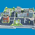 Cartoon City Scene with Colorful Buildings Streets Trees and Parking Lot