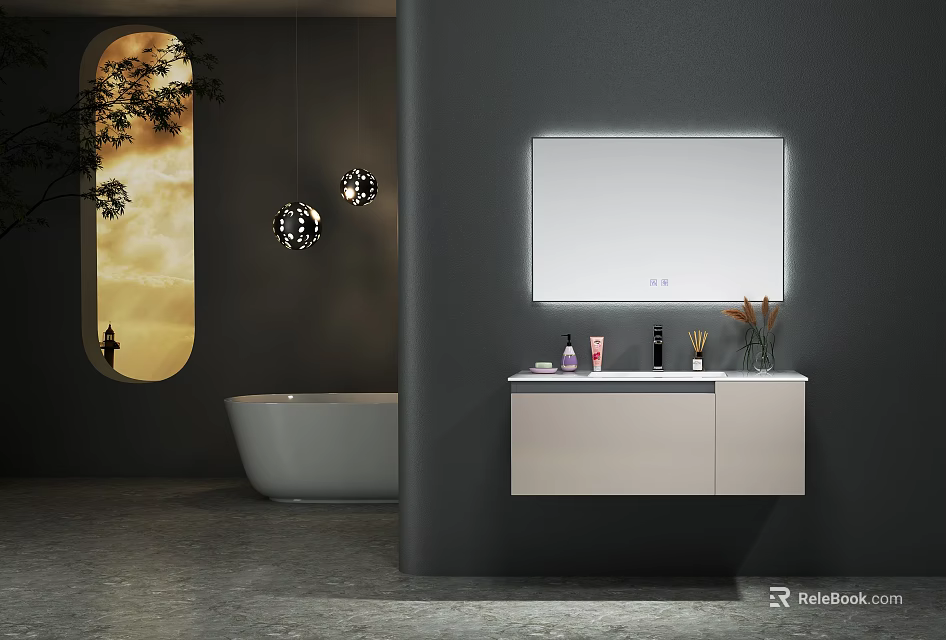 Modern Wall Mounted Bathroom Vanity With Illuminated Mirror Toiletries And Decorative Pendant Lights 3d model 