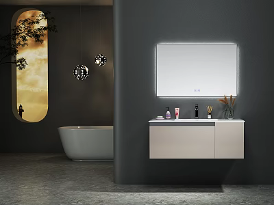 Modern Wall Mounted Bathroom Vanity With Illuminated Mirror Toiletries And Decorative Pendant Lights 3d model