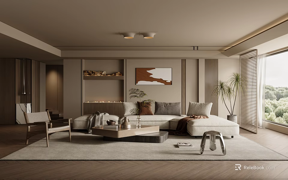 Modern Cozy Living Room Interior With L shaped Sofa Decorative Painting And Green Plant 3d model 