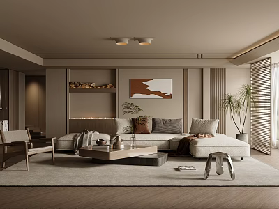 Modern Cozy Living Room Interior With L shaped Sofa Decorative Painting And Green Plant 3d model