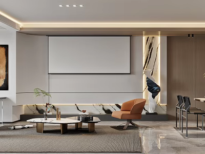 Modern Living Dining Room Interior with Large Projection Screen Orange Accent Chair Marble Coffee Table 3d model