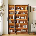 Modern Wooden Glass Door Bookcase Interior With Books Decorative Vases And Sculptures In Living Room