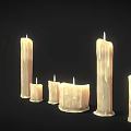 Lit Candle Lamps with Melted Wax Glowing Flames and Various Sizes Shapes on Dark Background