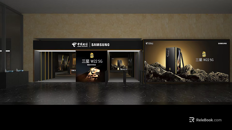 Samsung Storefront Display With W23 5G Smartphone And Modern Black Gold Design 3d model 
