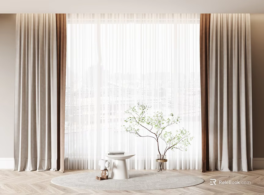 Beige and Brown Curtains With White Sheer Panels City View Round Rug Green Plant Small Table 3d model 