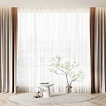 Beige and Brown Curtains With White Sheer Panels City View Round Rug Green Plant Small Table