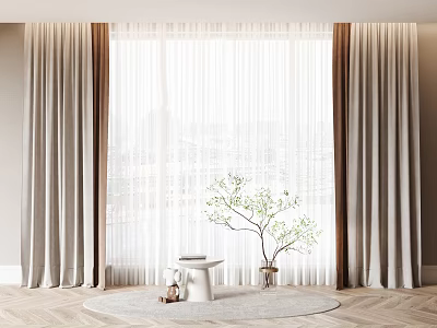 Beige and Brown Curtains With White Sheer Panels City View Round Rug Green Plant Small Table 3d model