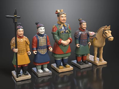 Decorative Terracotta Warriors Ornament Set With Figures Horse Colorful Armor And Base 3d model