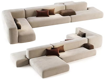 Modular Sectional Sofa in Beige with Brown Cushions Modern Living Room Design 3d model