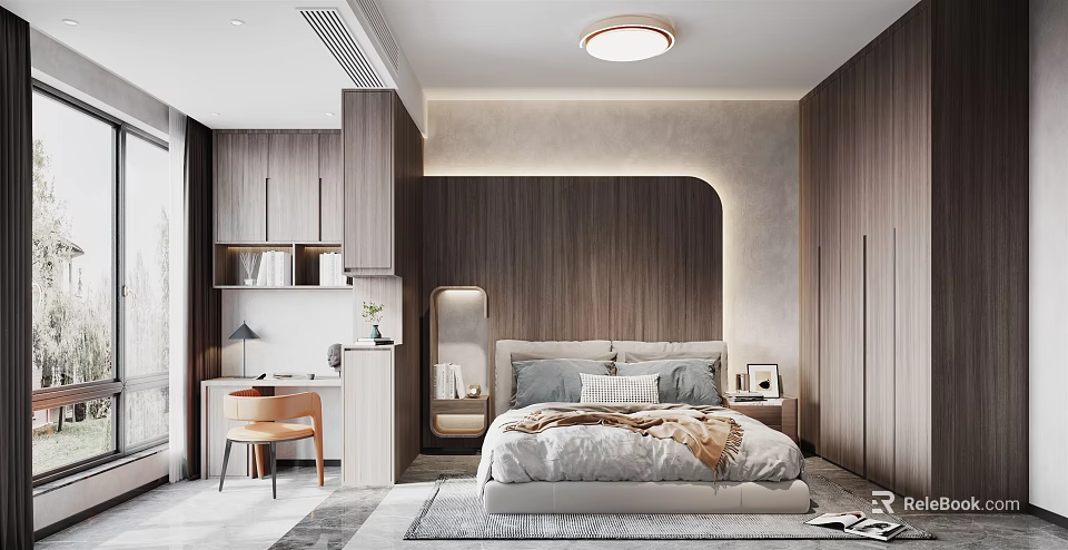 Modern Bedroom Interior With Wooden Bedhead Wall Desk And Round Ceiling Light 3d model 