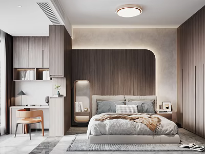 Modern Bedroom Interior With Wooden Bedhead Wall Desk And Round Ceiling Light 3d model