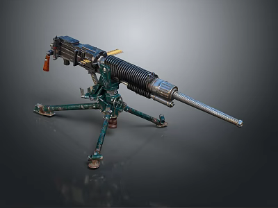 Vintage Military Machine Gun With Green Tripod Stand And Long Barrel 3d model