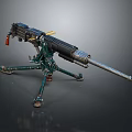 Vintage Military Machine Gun With Green Tripod Stand And Long Barrel
