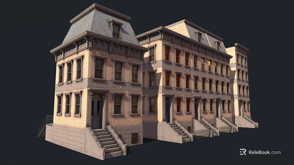 Traditional Townhouse Architecture With Brick Exterior Multiple Windows Steps And Sloped Roofs 3d model 