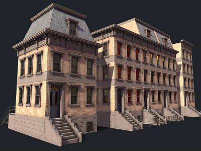 Traditional Townhouse Architecture With Brick Exterior Multiple Windows Steps And Sloped Roofs 3d model
