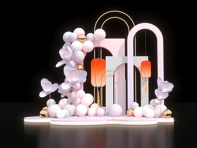Elegant Contemporary Lanterns Display Featuring Pink Gold Accents Arch Structures White Balls And Butterflies 3d model