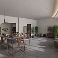 Modern Tea House Interior With Open Space Wooden Furniture Green Plants Screen And White Walls