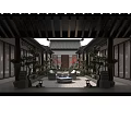 Ancient Architecture Courtyard Featuring Traditional Roof Surrounding Trees Greenery And Leisure Tables Chairs Layout