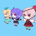 Cute Cartoon Characters with Blonde Purple Pink Hair Green Bow Red Flower and Colorful Dresses