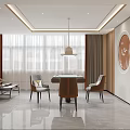 Elegant Modern Hotel Mahjong Room Interior With Round Decorative Painting Hanging Lamp And Comfortable Chairs