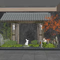 Japanese Miniature Garden With Tiled Gateway Maple Tree Rabbit Statues Stones Moss And Stone Lantern