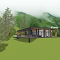 Modern Detached Villa on Hillside Lawn with Large Glass Windows and Trees