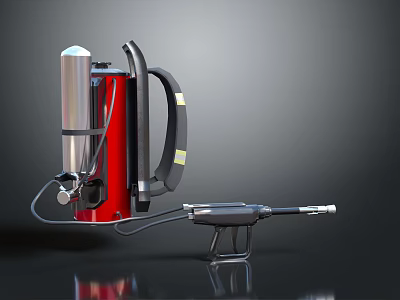 Red Fire Extinguisher with Black Handle Hose and Spray Nozzle on Dark Reflective Surface 3d model