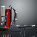 Red Fire Extinguisher with Black Handle Hose and Spray Nozzle on Dark Reflective Surface