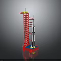 Red Launch Tower Supporting White Space Rocket with Metallic Platform Structure 3d model