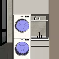 Modern Stackable Washing Machines In Bright Laundry Room With White Cabinets And Sink Area