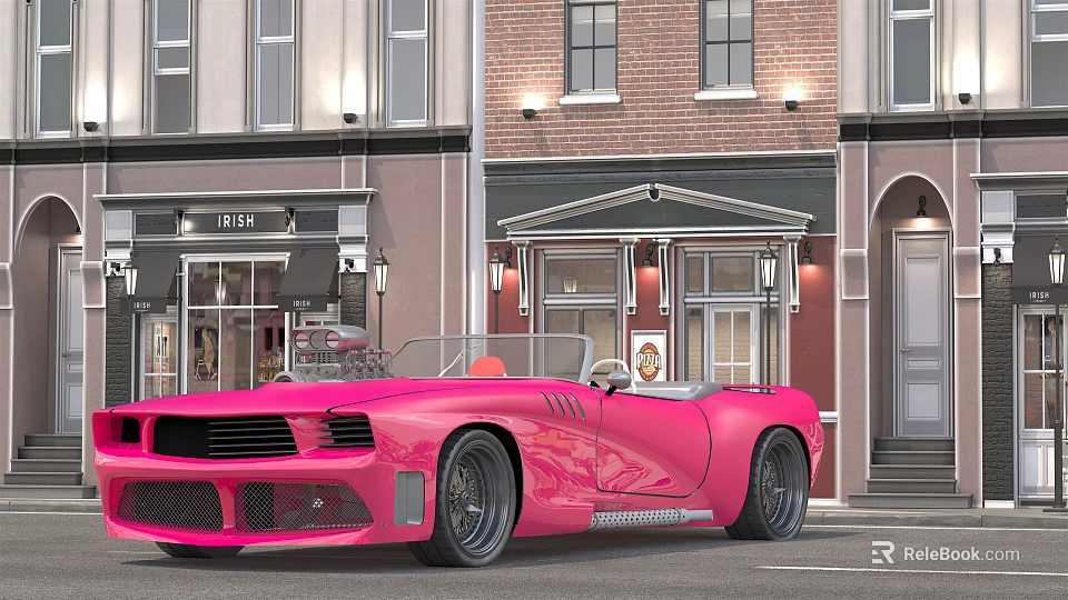 Pink Convertible Car Parked On Street Near Brick Building With Open Top 3d model 
