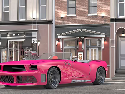 Pink Convertible Car Parked On Street Near Brick Building With Open Top 3d model