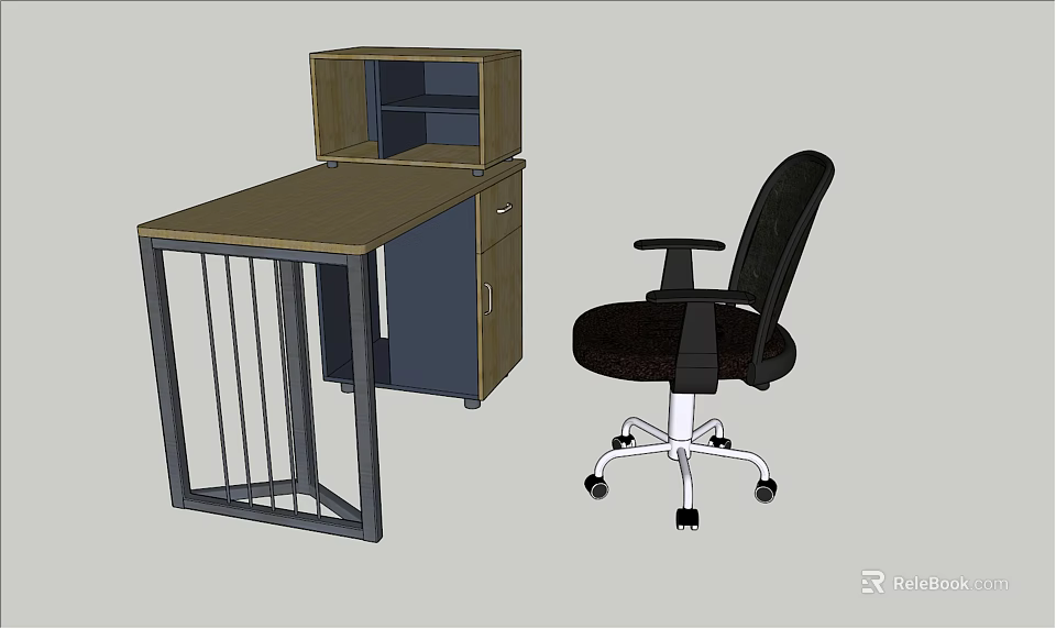 Wooden Office Desk With Metal Frame Drawer Cabinet Open Shelf And Black Chair 3d model 